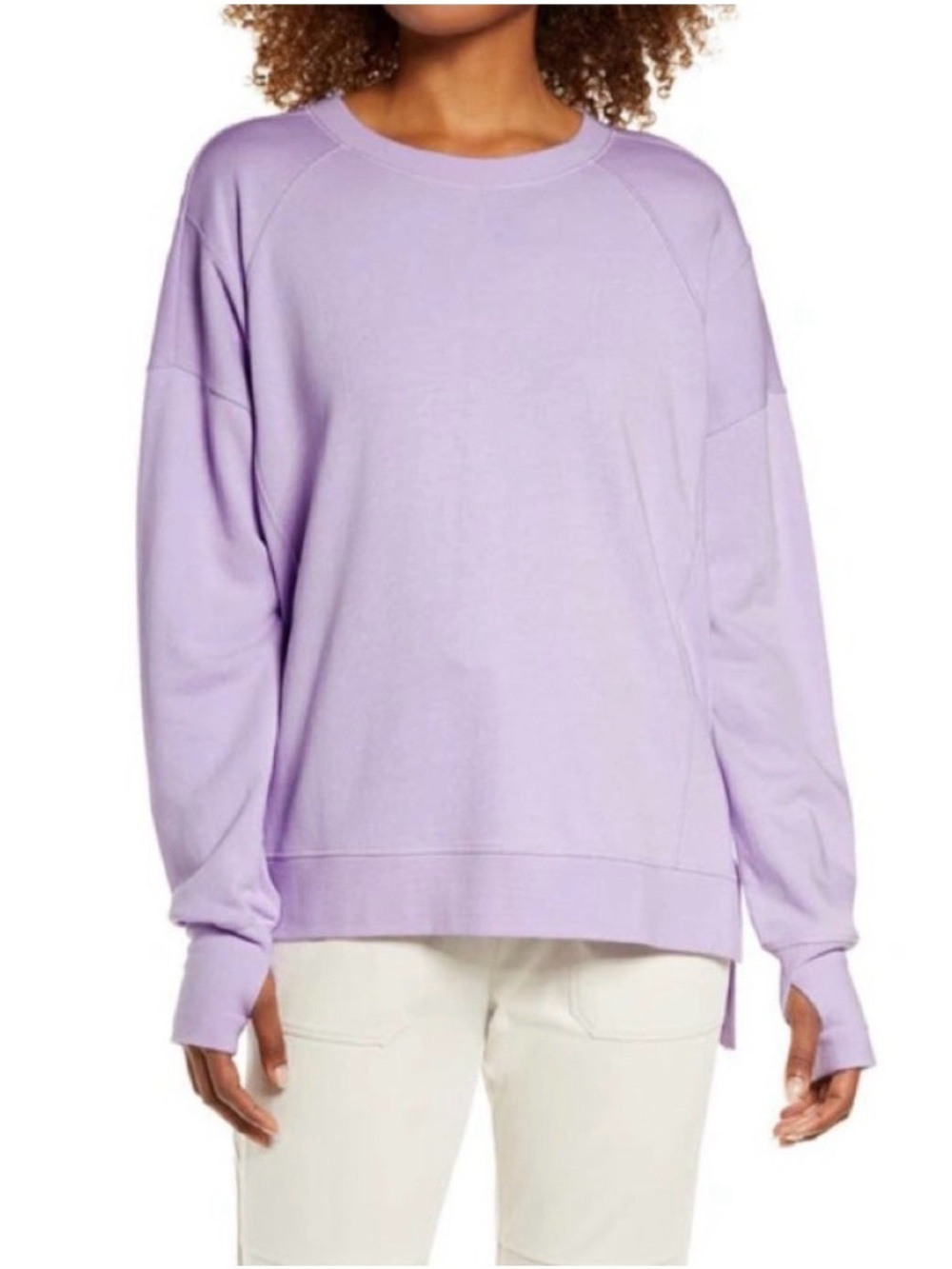 Sweaty Betty After Class Lavender Crewneck Top runs oversized